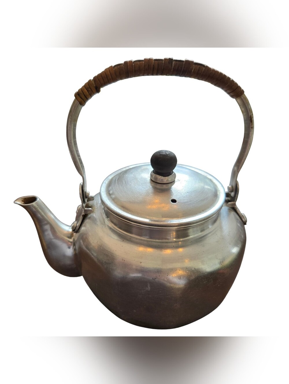 Vintage Japanese Aluminum Teapot Woven Rattan Handle Mid-Century Made in Japan